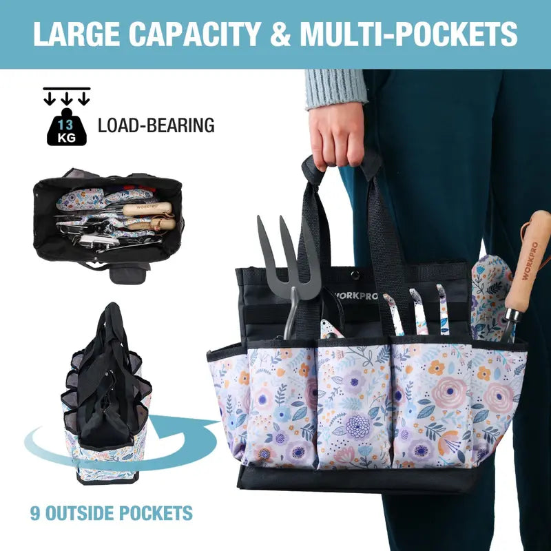 WORKPRO 12″ × 12″ × 6″ Garden Tool Storage Bag  9-Compartment Organizer