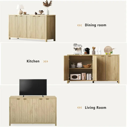 55-Inch Fluted Black Sideboard  Contemporary 4-Door Storage Cabinet with 2 Adjustable Shelves & 5 Legs