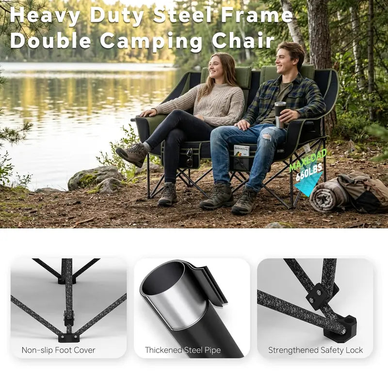 Heavy-Duty Dual-Seat Camping Loveseat  660 lb Capacity, Cup Holders & Carry Bag