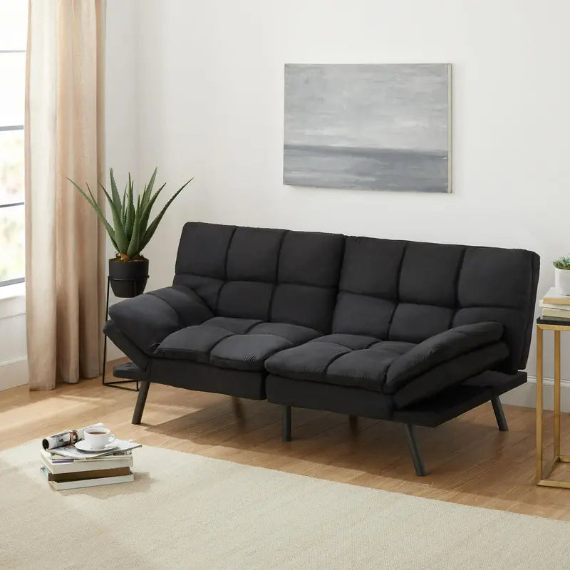 Mainstays Black Faux Suede Memory Foam Futon Sofa Bed with Supportive Padding
