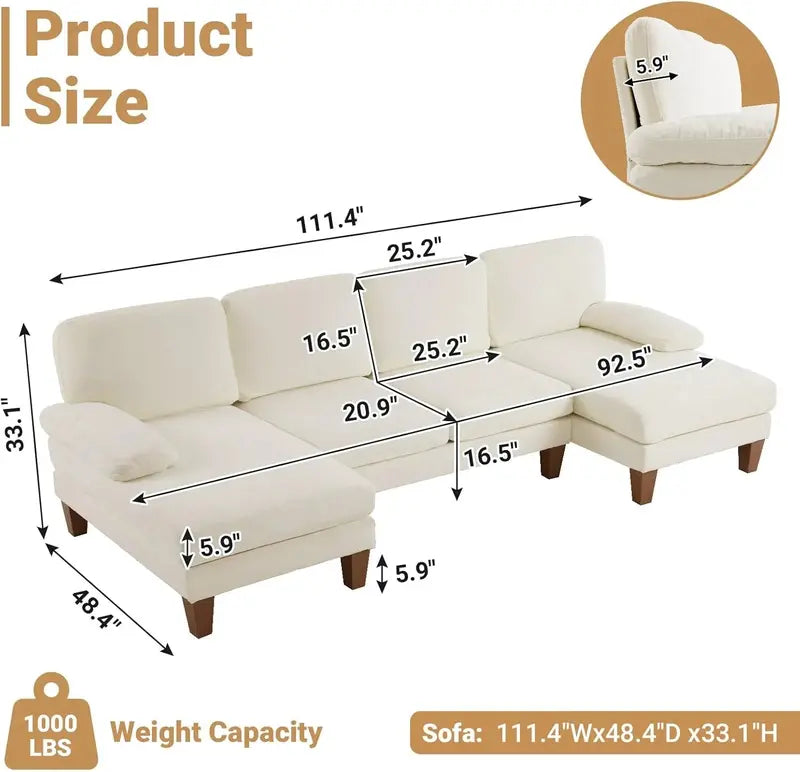 110-Inch U-Shaped Sectional Sofa  Double-Chaise Chenille Living Room Set for Modern Homes (Beige)