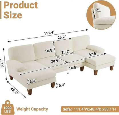 110-Inch U-Shaped Sectional Sofa  Double-Chaise Chenille Living Room Set for Modern Homes (Beige)