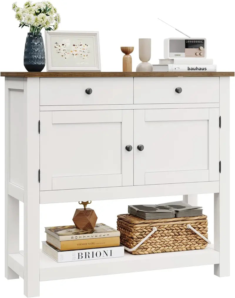 HOSTACK Farmhouse Console Table  Rustic Brown Entryway or Coffee Bar with Cabinet, Drawers & Shelf