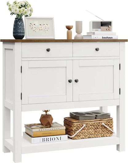 HOSTACK Farmhouse Console Table  Rustic Brown Entryway or Coffee Bar with Cabinet, Drawers & Shelf