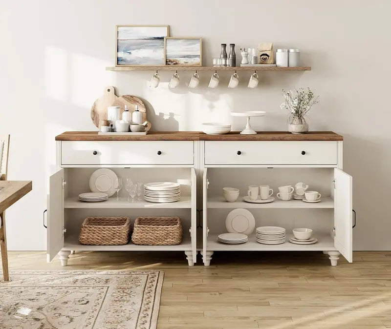 68-Inch Off-White Farmhouse Sideboard  Large Buffet Credenza with 4 Doors, 2 Drawers & Dining Room Style