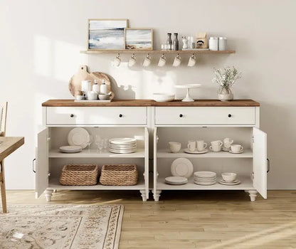 68-Inch Off-White Farmhouse Sideboard  Large Buffet Credenza with 4 Doors, 2 Drawers & Dining Room Style