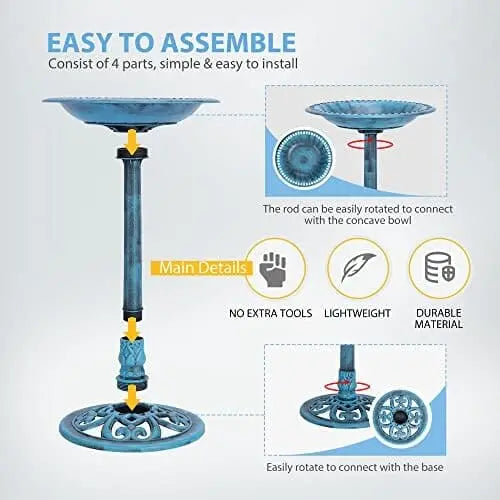 Blue Patina Antique Bird Bath  Lightweight, Weather-Resistant, 20″ Diameter, Sturdy Base for Outdoor Garden
