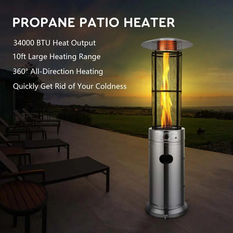 41,000 BTU Propane Patio Heater  Stainless Steel Standing Outdoor Heater with Glass Tube Element & Mobility Wheels