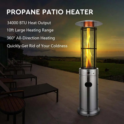 41,000 BTU Propane Patio Heater  Stainless Steel Standing Outdoor Heater with Glass Tube Element & Mobility Wheels