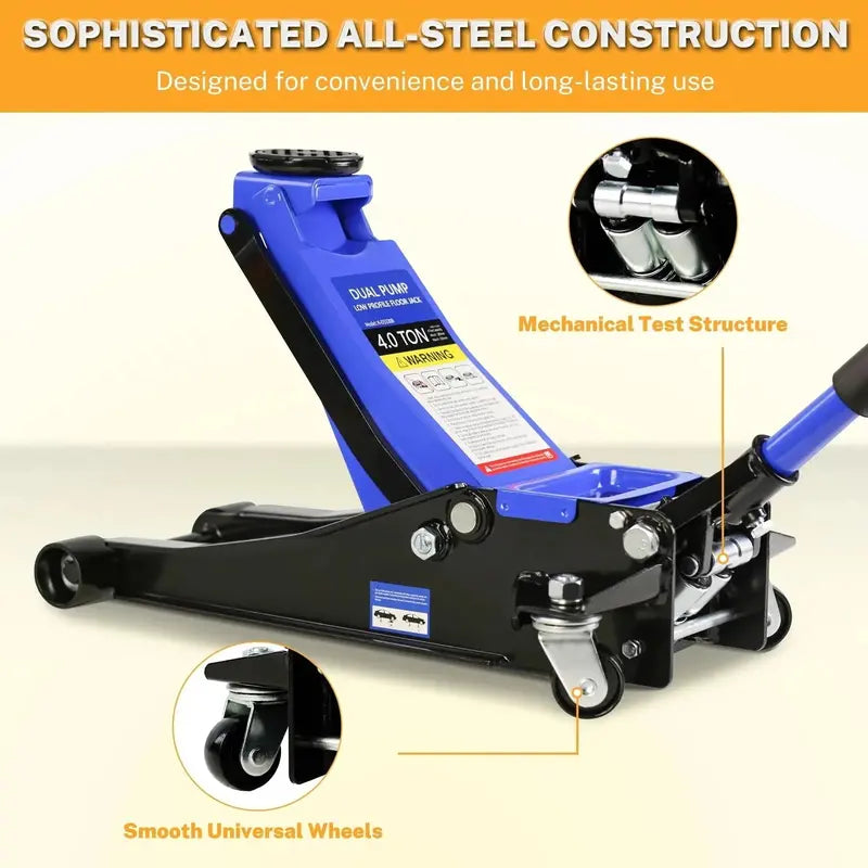 Low-Profile 4-Ton Hydraulic Floor Jack  Heavy-Duty Trolley Lift with Dual-Piston Pump, 4″21″ Range, 8000 lb Capacity