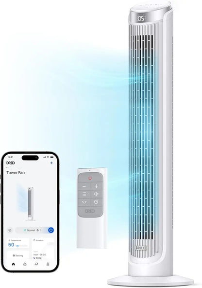 DREO 40″ Silver Smart Tower Fan: 90° Oscillation, 5-Speed High-Velocity Airflow, Touch/Remote/APP/Voice Control & 12H Timer