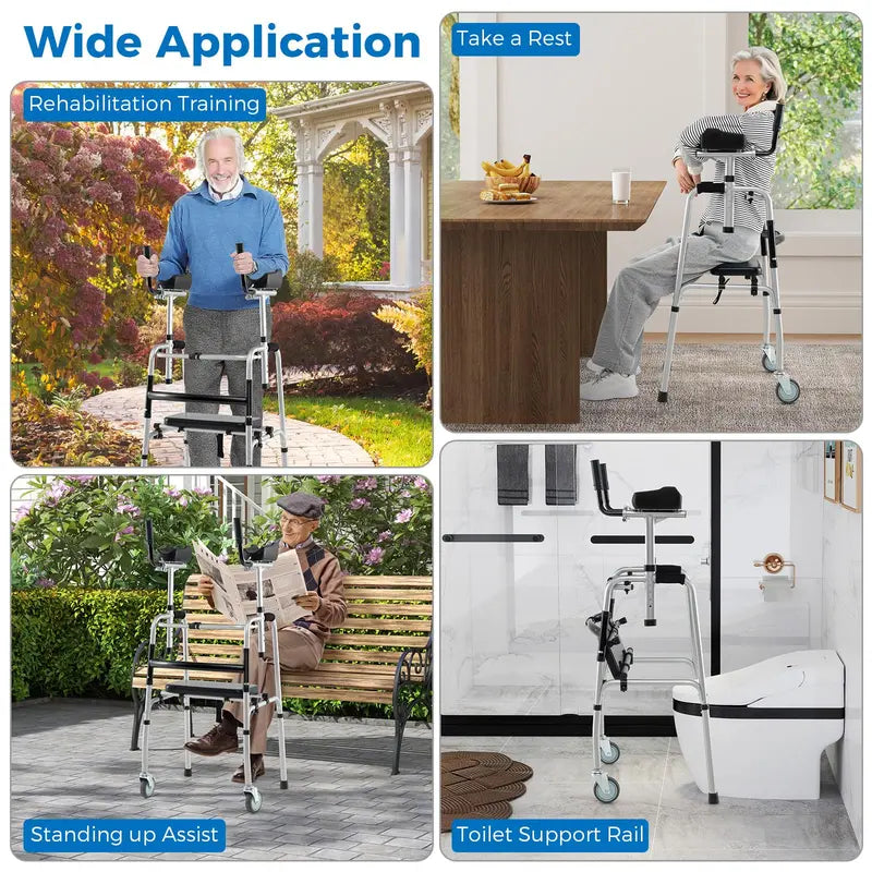 Heavy-Duty Folding Walker  450 lb Capacity, 5-Inch Wheels, Padded Seat & Removable Armrests
