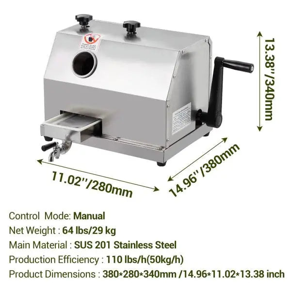 Manual Sugarcane Juicer  Triple Stainless Steel Drum Design, 2.4″ Feed Opening, 110 LB/H Output