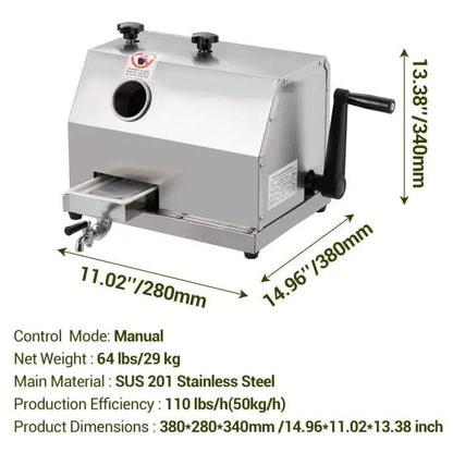 Manual Sugarcane Juicer  Triple Stainless Steel Drum Design, 2.4″ Feed Opening, 110 LB/H Output