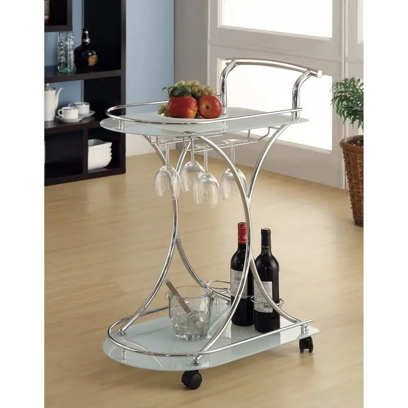 Captivating Serving Cart With 2 Frosted Glass Shelves, Silver- Saltoro Sherpi