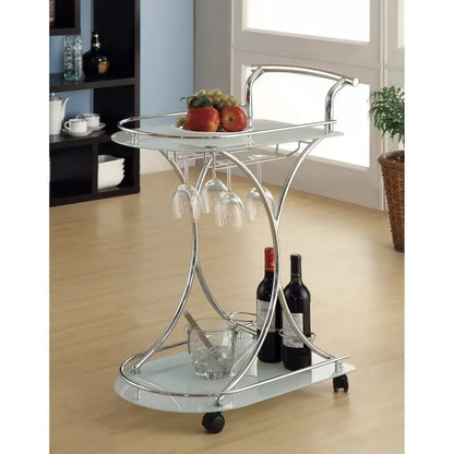 Captivating Serving Cart With 2 Frosted Glass Shelves, Silver- Saltoro Sherpi