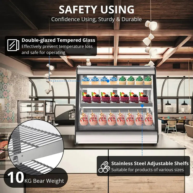 Commercial Countertop Refrigerated Display Case  130L (4.6 Cu. Ft.), Tempered Glass & LED Lighting