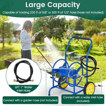 Heavy-Duty Metal Hose Cart  Dual-Wheel Design with Basket, Holds Up to 230 ft of 5/8″ Hose