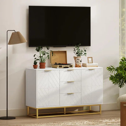 Contemporary White Sideboard Buffet Cabinet with Metal Legs, Adjustable Shelving & Elevated Base Design