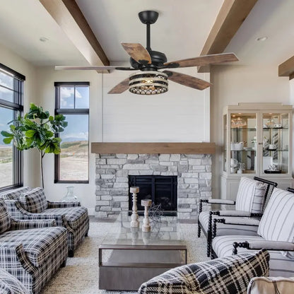 52-Inch Farmhouse Ceiling Fan  Driftwood Finish with Remote-Controlled Caged Design