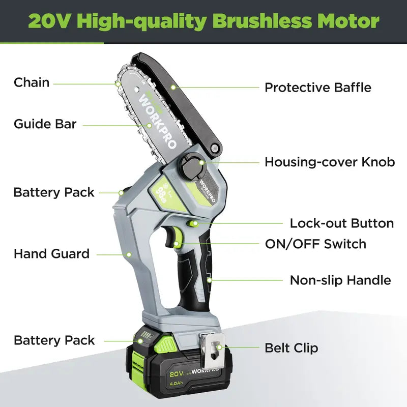 WORKPRO 20V Brushless Cordless Compact Chainsaw  Includes 4.0Ah Battery & Replacement Chain