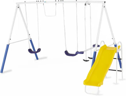 Blue Ridge Backyard Playground Set  Sturdy Metal A-Frame with Covered Chains, Glider, Trapeze, Dual Swings, and Colorful Slide