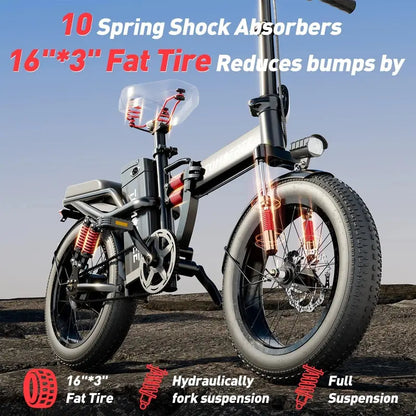 Tomofree T1 1200W Folding E-Bike  31 MPH Top Speed, 48V 20Ah Battery, 16×3″ All-Terrain Tires, LED Display & 330 lb Load Capacity
