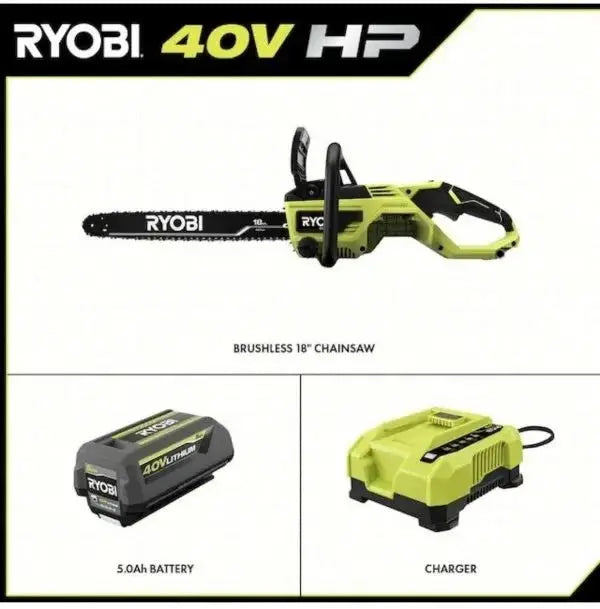 RYOBI 40V Cordless 18″ Chainsaw Kit  Brushless Motor, Battery & Charger Included  Green Trim Design