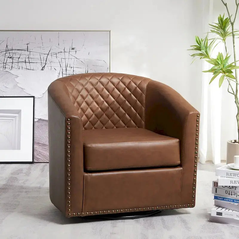 KINWELL Swivel Barrel Chair  29″ Wide Tufted PU Leather Accent Seating with 360° Rotation