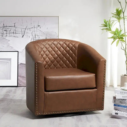 KINWELL Swivel Barrel Chair  29″ Wide Tufted PU Leather Accent Seating with 360° Rotation
