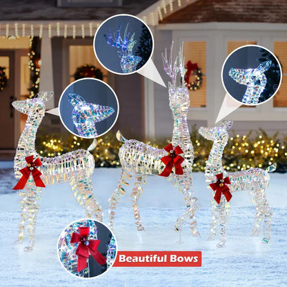 Three-Piece Lighted Reindeer Family — Large-Scale Outdoor Christmas Decor with Integrated LED Lighting and Bows