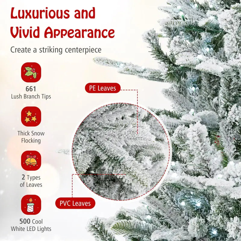6-8 ft Snow-Flocked Pre-Lit Christmas Tree  Hinged Artificial Xmas Tree with 6611447 PVC/PE Tips