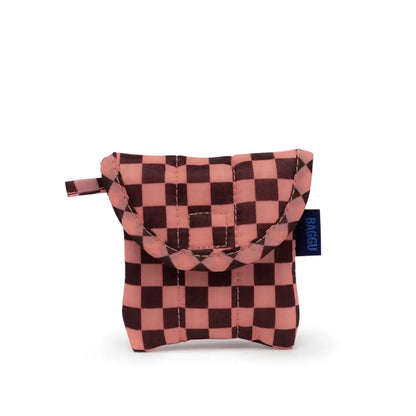Baggu Puffy Pink-Brown Check Earbud Case (Recycled Nylon)