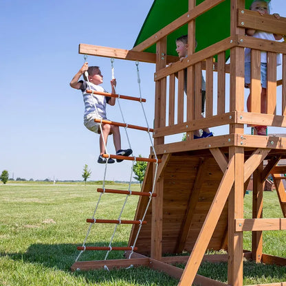 Wooden Mountain-Style Outdoor Swing Set  Includes Wave Slide, Rope & Net Swings, Climbing Wall & Canopy
