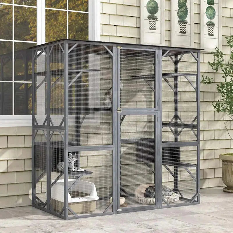 71-Inch Walk-In Outdoor Catio Enclosure  Wooden Kitty Playpen with Seven Tiered Platforms & Secure Shelter Design