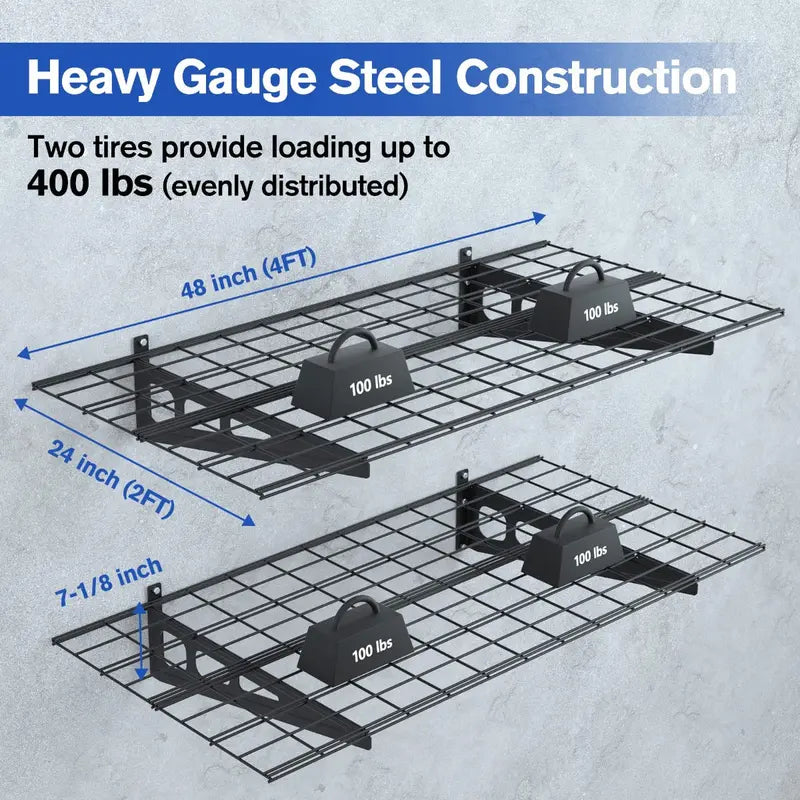 WORKPRO 2-Pack Wall-Mounted Garage Shelving  48″ x 24″, 400lb Total Capacity, Black Finish