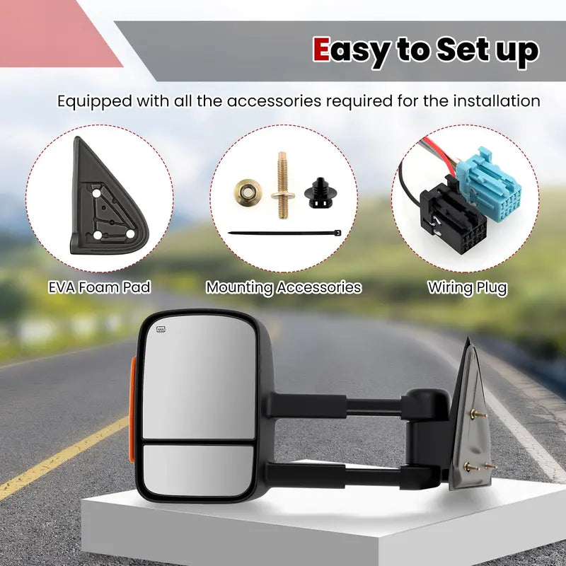 Power-Heated Tow Mirrors  Direct Fit for 20072012 Chevy Silverado & GMC Sierra
