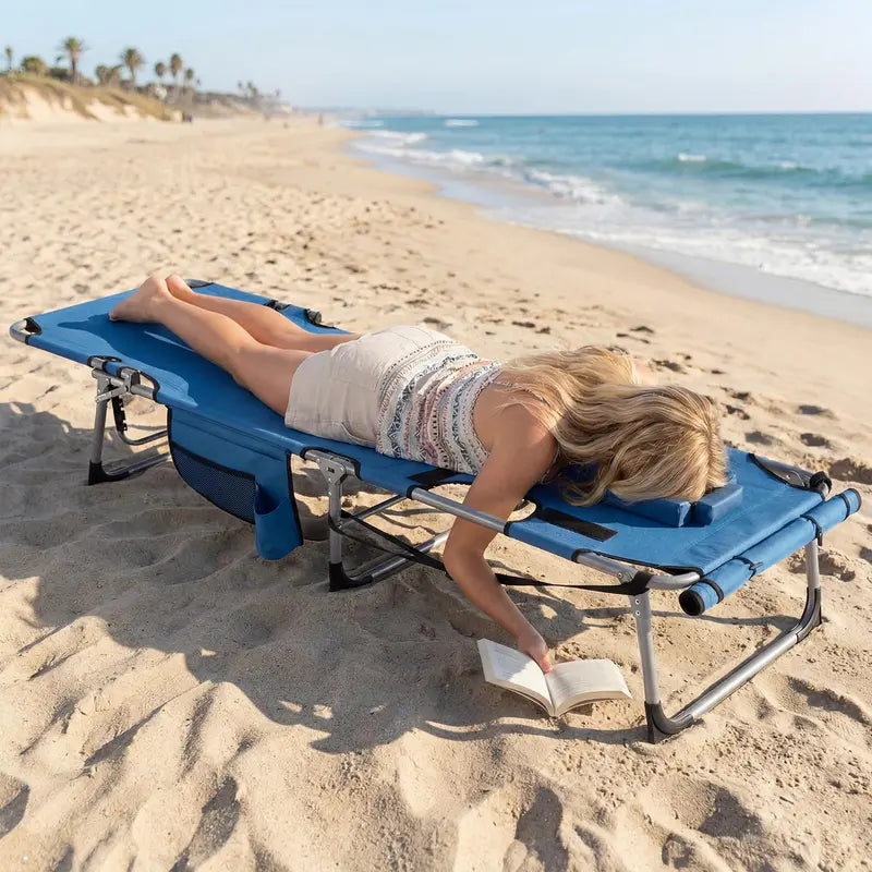 Adjustable Tanning Chair with Face Arm Holes, Four-Position Recline & Comfort Head Pillow