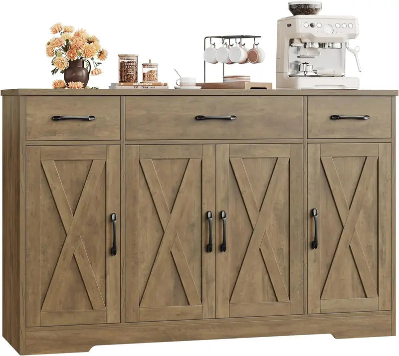 55-Inch Modern Farmhouse Sideboard  Large Storage Buffet with Doors, Shelves & Coffee Bar Style