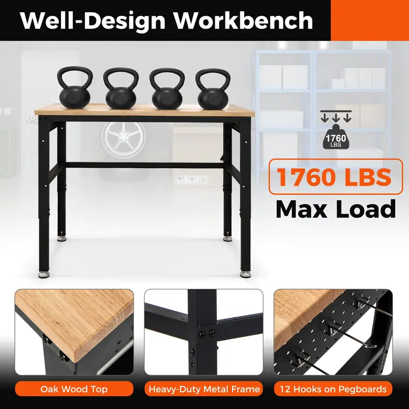 48-Inch Adjustable Workbench  Heavy-Duty Oak Top with Non-Slip Pads