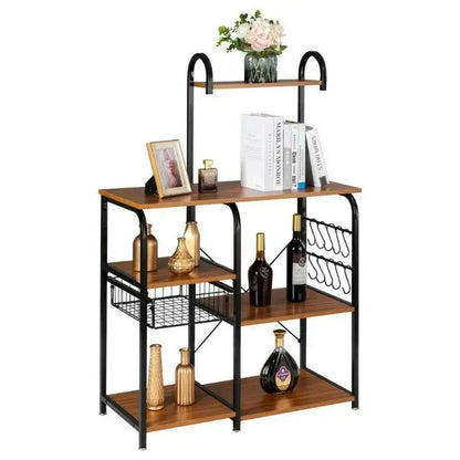 Premium Kitchen Microwave Storage Cart with Utensil Rack, 35.5″, Vintage/Black, Multi-Tier Metal Frame
