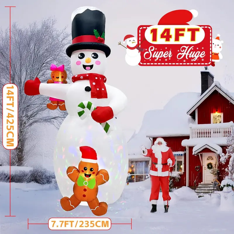 AerWo 14FT Christmas Inflatable Snowman with Gingerbread Men & LEDs for Outdoor Holiday Decor