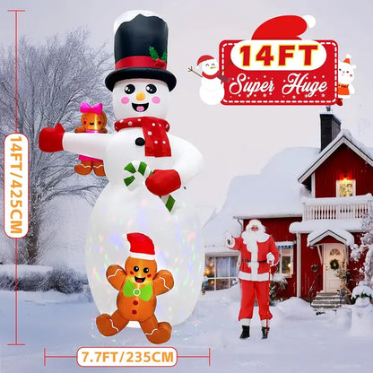 AerWo 14FT Christmas Inflatable Snowman with Gingerbread Men & LEDs for Outdoor Holiday Decor