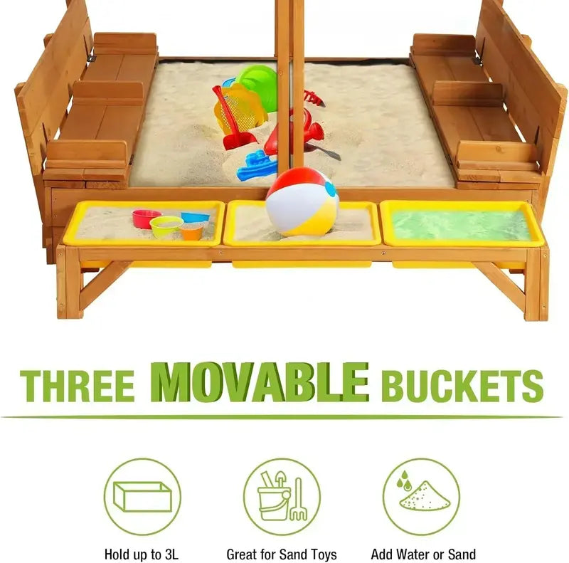 Kids’ Wooden Outdoor Sandbox with Retractable Canopy  Includes Foldable Benches & Sand Liner
