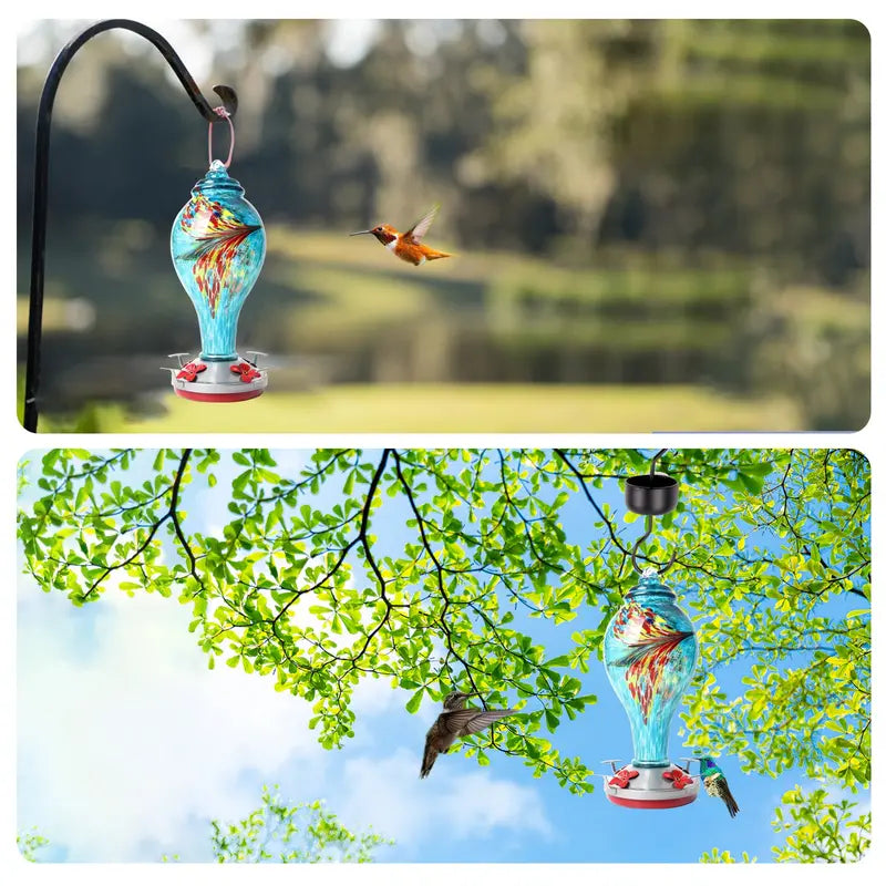 Syeenify  Hummingbird Feeder,Blown Glass Hummingbird Feeders for Outdoors, 36 Ounces