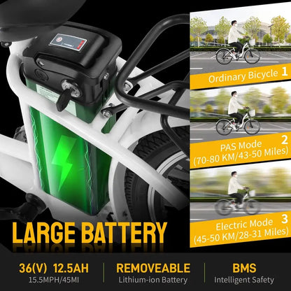 PEXMOR 26-Inch Cruiser E-Bike  350W Motor (500W Peak), 36V/12.5Ah Removable Battery, Shimano 6-Speed