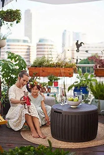 Keter Circa Round Outdoor Storage Box  37-Gallon Capacity, Patio Table Design, Brown Wicker Look