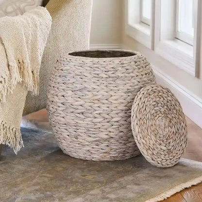 Household Essentials Handwoven Wicker Storage Basket  Barrel-Style Side Table (17″L x 17″W x 19″H)
