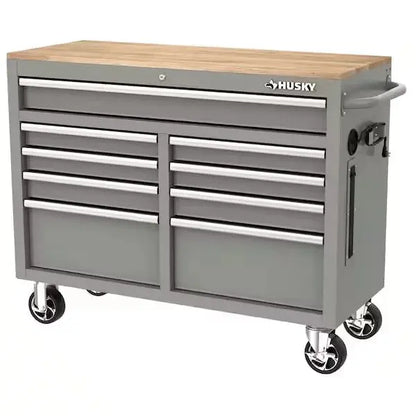 High-Gloss Black Mobile Workbench with 9 Drawers, Hardwood Work Surface, and Built-in Power Outlet