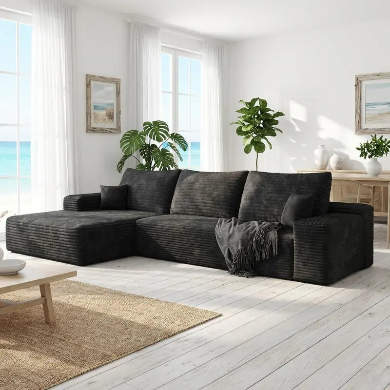 135″ Minimalist Corduroy Sectional  Compressed High-Density Foam Lounge Sofa with Anti-Slip Base